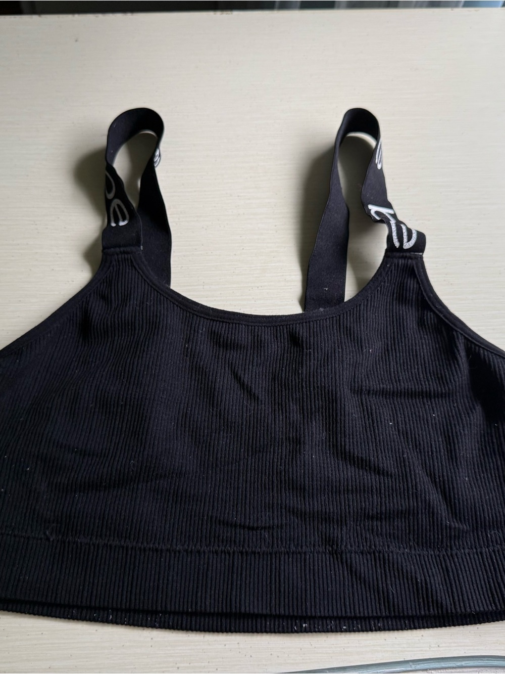 bebe Black Ribbed Sports Bra with Logo Straps